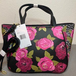 NWT Luv Betsey Johnson Purse Mid Size Black Satchel with Floral Print
